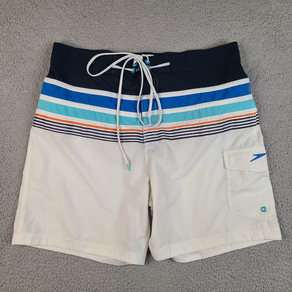 Speedo Board Shorts Men's Large White Blue Nautical Striped Swim Trunks Lined